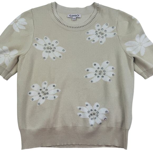 Nanette Lepore Knit Flower Crystal Embellished Short Sleeve Top Women's Size M - Picture 2 of 6